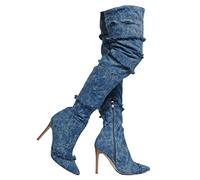 woileRQ Oberschenkelhohe Stiefel aus Denim für Damen, Overknee-Stiefel mit seitlichem Reißverschluss, modische All-Match-Stiletto-Heels, Lange Stiefel, Westernstiefel,Blau,40