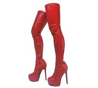 woileRQ Overknee-Stiefel aus Stretch-Lackleder für Damen, Oberschenkelhohe Stiefel mit roter Plattform, 6-Zoll-Stiletto-Absätze, Lange Stiefel, sexy Herbst-Winter-Stiefel,Rot,41