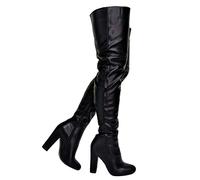 woileRQ Overknee-Stiefel mit schwarzen klobigen Absätzen für Damen, modische Overknee-Stiefel mit Reißverschlussplattform, Lange Winterstiefel, sexy Party-Abschlussballstiefel,Schwarz,43
