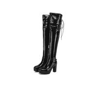 WOkismD 10CM Damen Overknee-Stiefel aus Lackleder mit klobigem Blockabsatz, Plattform, Schnallenakzent und Schnürung hinten,Schwarz,40 EU