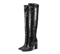 WOkismD 10CM Damen Overknee-Stiefel mit klobigem hohen Absatz und quadratischer Spitze,Schwarz,43 EU