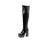 WOkismD 12,5 cm Damen Schwarze Overknee-Stiefel aus Kunstleder mit Nieten, Plateau, Blockabsatz und seitlichem Reißverschluss,Schwarz,37 EU