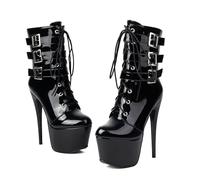WOkismD 15.5CM/6.1IN Stiletto Super High Heel Frauen Ankle Boots Lackleder Runde Zehe Gürtel Schnalle Ankle Boots Stage Performance Stiefel,Schwarz,47 EU