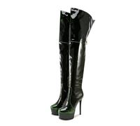 WOkismD 16CM Damen Oberschenkelhohe Stiefel aus PU, Sexy Plateau-Stiletto High Heels, Overknee-Stiefel für Damen Party, Tanz, festlich,Grün,45 EU