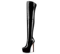 WOkismD 16CM Lackleder Overknee-Stiletto-Stiefel mit Plateau, runder Zehenpartie, Seitenreißverschluss, sexy Design,Schwarz,47 EU
