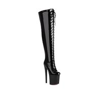 WOkismD 20CM Damen Overknee-Plateau-Stiletto-Schnürstiefel aus Lackleder, Oberschenkelhoch mit Reißverschluss, Party-Kleid,Schwarz,35 EU