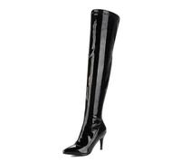 WOkismD Damen Lackleder Modische Overknee-Stiefel mit Kitten Heels Overknee-Stiefel Spitz zulaufende Zehenpartie Seitlicher Reißverschluss Stiletto High Heel Lange Stiefel,Schwarz,44