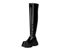 WOkismD Damen Overknee Stiefel aus Lackleder - 7 cm klobiger Absatz mit 4,5 cm Plateau, Seitlicher Reißverschluss, Party- & Abendbekleidung,Schwarz,47 EU
