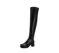 WOkismD Damen Overknee-Stiefel aus schwarzem Kunstleder mit klobigem Blockabsatz und Plateau, dehnbar,Schwarz,46 EU