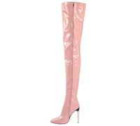 WOkismD Damen Overknee-Stiefel mit durchgehendem seitlichem Reißverschluss, Stiletto-Absatz, spitzer Zehenbereich, hohe Stiefel mit hohem Absatz, Lackstiefeletten, Abendschuhe,Rosa,46