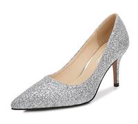 WOkismD Damen Pailletten Spitzen Zehe High Heels Stiletto Slip On Komfort Brautkleid Classy Braut Pump Schuhe 8cm,Silber,38
