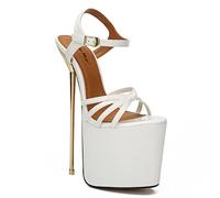 WOkismD Damen-Plateau-Stiletto-Absatz-Schuhe, Peep-Toe-Pumps, 21,8 cm Absätze, Knöchelriemen, Super-High-Heels für sexy Stripper-Kleid, Hochzeit, Party,Weiß,39