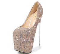 WOkismD Damen-Pumps mit runder Zehenpartie, Glitzer-Pailletten, Stiletto-Pumps mit superhohem Absatz, 22 cm, Metall-Absatz, Party-Pole-Dancing, Stripper-Abend-Schuhe mit Absatz,Gold,37
