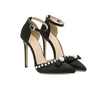 WOkismD Damen Satin Perlen- & Schleifen-Riemchen-Pumps Spitz zulaufender Zeh Stiletto High Heels Elegante Hochzeits- & Partyschuhe,Schwarz,42 EU