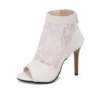 WOkismD Damen Spitzen-Mesh Peeptoe Knöchelstiefeletten Blumen-Spitze Stiletto High Heel Sandalen, Rückenreißverschluss, Hochzeits- und Braut-Party-Schuhe,Weiß,37 EU