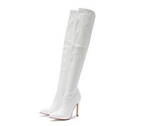 WOkismD Damen-Stiefel aus Lackleder, PU, oberschenkelhoch, spitzer Zehenbereich, seitlicher Reißverschluss, modisch, bequem, sexy Stiletto-High-Heel, Overknee-Stiefel, Enge Lange Stiefel,Weiß,37