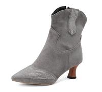 WOkismD Damen-Stiefeletten mit Strasssteinen im britischen Stil, seitlicher Reißverschluss, Spitze Zehenpartie, hoher Blockabsatz, legere Bequeme Abendschuhe,Grau,37