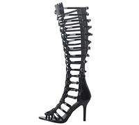 WOkismD Frauen Sommer Kniehohe Stiefel Open Toe Cutout Stiletto High Heels Zurück Reißverschluss Lange Stiefel Sexy Metallschnalle römische Sandalen Schuhe,Schwarz,41