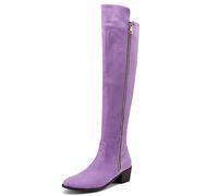 WOkismD Kniehohe Stiefel Damen Oberschenkel hoch Overknee Stretch Mode Niedriger Blockabsatz Runde Zehe Reißverschluss Winterstiefel Weite Wade Bequeme Reitstiefel,Lila,40