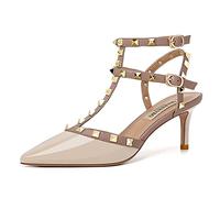 WOkismD Modische Damen-Pumps mit spitzem Zehenbereich und hohem Absatz, modische Nietennieten, T-Riemen, mittlere Kitten-Heels, sexy Slingback-Stiletto-Party-Absätze, Alltagskleidung,Beige,34