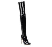 WOkismD Oberschenkelhohe Damenstiefel aus Lackleder, elastische Absätze, Overknee-Stiefel, seitlicher Reißverschluss, Spitze Zehen, modische Winter-Stiletto-Kniehohe Stiefel,Schwarz,48