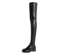 WOkismD Overknee-Oberschenkelhohe Damenstiefel, modisch, lässig, Leder, runde Zehenpartie, klobiger niedriger Absatz, Lange Stiefel, Stretch, warme Herbststiefel, Winterkleid, hohe,Schwarz,34