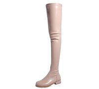 WOkismD Overknee-Oberschenkelhohe Damenstiefel, modisch, lässig, Leder, runde Zehenpartie, klobiger niedriger Absatz, Lange Stiefel, Stretch, warme Herbststiefel, Winterkleid, hohe,Beige,46