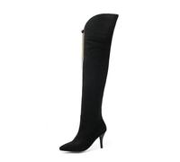 WOkismD Overknee-Stiefel für Damen aus elastischem Wildlederimitat mit Metallkette, seitlichem Reißverschluss und spitzer Zehenpartie mit Stilettoabsatz,Schwarz,45