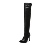 WOkismD Overknee-Stiefel für Damen im Winter mit Stilettoabsatz, Overknee-Stiefel aus Stretch-PU-Leder, Spitze Zehenpartie, Lange Stiefel, seitlicher Reißverschluss, Abendschuhe,Schwarz,39