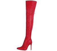 WOkismD Overknee-Stiefel für Damen mit Absatz, Leder, PU, oberschenkelhohe Stiefel, Stretch, spitzer Zehenbereich, Stiletto, Langer Stiefel mit Reißverschluss hinten, Bequeme Abendschuhe,Rot,42