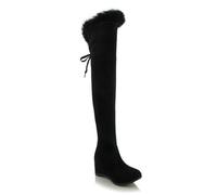 WOkismD Overknee-Stiefel für Damen mit Keilabsatz, Kunstplüsch, Keilabsatz, Wildleder, runde Zehenpartie, Schnürstiefel, oberschenkelhohe Stiefel, Herbst-Winter-Kleiderschuhe,Schwarz,39