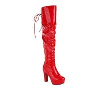 WOkismD Overknee-Stiefel für Damen mit Plateausohle, runder Zehenpartie, klobiger Blockabsatz, Lange Stiefel mit Schnürung, oberschenkelhohe Stiefel aus Lackleder mit Absatz,Rot,39