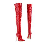 WOkismD Overknee-Stiefel Glänzende Lacklederstiefel Sexy Overknee-Stiefel Poledance-Stiefel Spitze Zehen Stiletto-Stiefel,Rot,44 EU