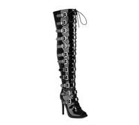 WOkismD Overknee-Stiefel mit offenem Zehenbereich für Damen, Gürtelschnallen, Stiletto-High-Heels, ausgehöhlte Overknee-Stiefel mit Schnürung, offene Zehenpartie, Party-Tanz-Abendschuhe,Schwarz,39
