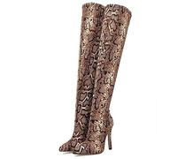 WOkismD Overknee-Stiefel, sexy, Spitze Zehen, Stilettos, High Heels, modische Party, Elegante Stripper-Absätze für Frauen, elastische, oberschenkelhohe Stiefel mit Schlangenmuster,Braun,42
