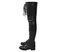 WOkismD Sexy Nachtclub-Schnürstiefel Mit Seitlichem Reißverschluss Und Niedrigem Absatz, Lange Overknee-Stiefel Für Damen in Übergröße,Schwarz,44 EU