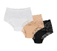 Wolbar Dame Slip 3Er Pack Bund Pantys Spitze Elegant Unterhose Unterwäsche WB414, Beige-Weiß-Schwarz,M