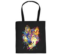 Wolf Motiv Stofftasche - Wolf Tasche : Wolf - Wolfkopf/Wölfe Neon Kunstdruck Baumwolltasche Farbe: Schwarz