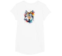 Wolfskopf Aquarell T-Shirt Damen Schwarz Small EU 38 V-Ausschnitt Kurzarm Klassische Passform Baumwolle 50% Polyester 50% Tierdruck Wildnis Einzigartiges Wolf-Design 1 Count