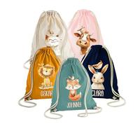 wolga-kreativ Turnbeutel mit Namen - Tiermotiv Löwe Bär Giraffe Affe Fuchs Katze - Jutebeutel Kinder Baumwolle mit Kordelzug - Sportbeutel Kinder personalisiert - Wechselbeutel & Schwimmtasche