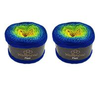 Wollbiene Flair Cotton 2x250g Bobbel Wolle Farbverlauf, 100% Baumwolle, Bobble Strickwolle Mehrfarbig (920 blau grün gelb)