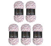 Wollbiene Softy Color 5 x 100 Gramm Chenillewolle Strickwolle, Babywolle, 500 Gramm Wolle Super Bulky (weiß-rosa-lila 112)