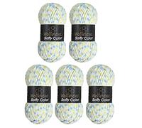 Wollbiene Softy Color 5 x 100 Gramm Chenillewolle Strickwolle, Babywolle, 500 Gramm Wolle Super Bulky (weiß-blau-gelb 114)