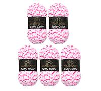 Wollbiene Softy Color 5 x 100 Gramm Chenillewolle Strickwolle, Babywolle, 500 Gramm Wolle Super Bulky (weiß-rosa-pink 113)