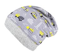 Wollhuhn ÖKO Leichte Bequeme Jungen Baustelle/Bagger Beanie-Mütze Elastisches Bündchen (aus Öko-Stoffen, Bio) 22222235 (Baustelle Grau-Gelb, 52-54)