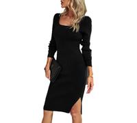 Wollkleid mit quadratischem Ausschnitt, Wintertemperament, Elegantes, hüftumwickeltes langes Kleid - Schwarz - M