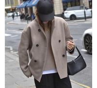 Wollmantel für Damen, entworfen für Herbst und Winter, mit zweireihigem Verschluss und aufrechtem Kragen (S Khaki)