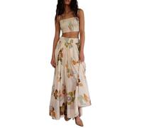 Women 2 Piece Skirt Set Boho Summer Flower Print Backless Cami Tops and Flowy Pleated Long Skirt for Vacation Beach