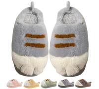Women Cat Paw Slippers, Cute & Cosy Cat Feet Slippers, Winter Warm Plush Slippers 3D Cat Paw House Fur Slides Fluffy Shoes for Indoor Outdoor (Grey,EU 38-39 / US 8-9)