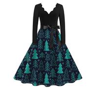 Women Dresses Elegant Weihnachten Druck V Ausschnitt Langarm Swing Midikleid Christmas Tunika Etuikleid Damen Glitzerkleid(Dark Blue,3XL)